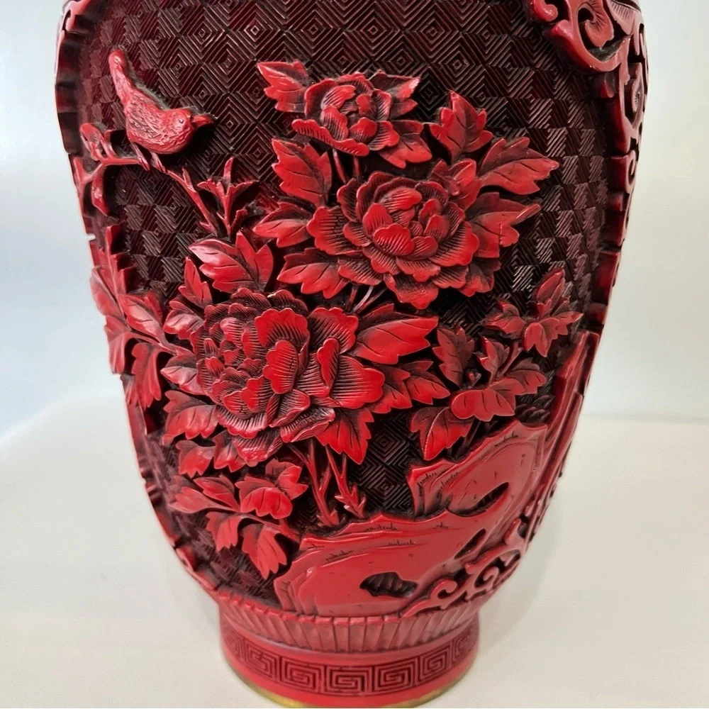 Vintage Red Cinnabar Vase Brass